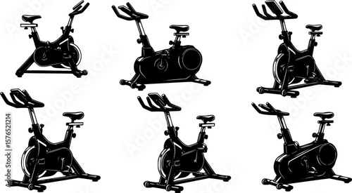set of Stationary bike silhouette, black and white silhouette, vector and illustration
