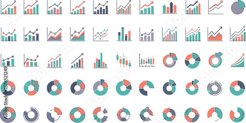Illustration showing various types of business charts and graphs on white background