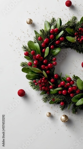 Festive Holiday Wreath With Red Berries and Green Foliage on White Background