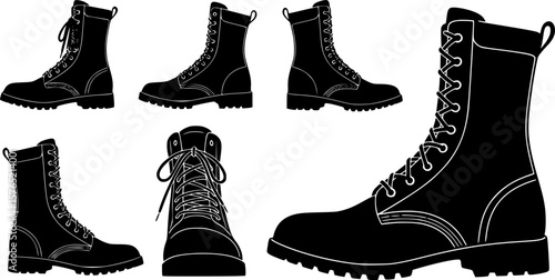 set of combat boot silhouette, black and white silhouette, vector and illustration
