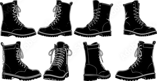 set of combat boot silhouette, black and white silhouette, vector and illustration
