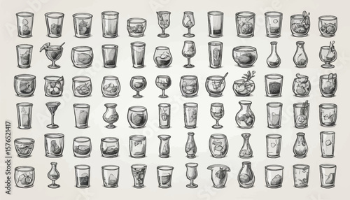 Black and white mug and glass silhouette grid featuring various drinkware shapes for cafe branding, beverage illustration, and minimalist decor