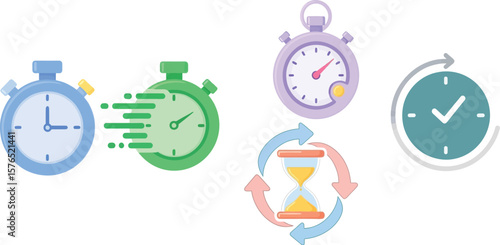 A collection of four cartoon time related icons on a white background showing time