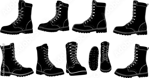 set of combat boot silhouette, black and white silhouette, vector and illustration
