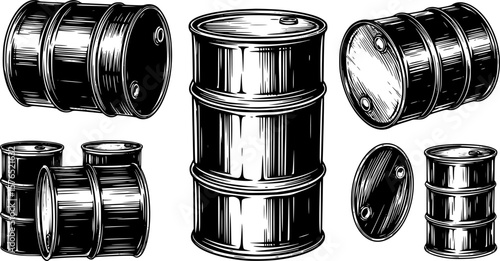 set of metal oil barrel silhouette, black and white silhouette, vector and illustration
