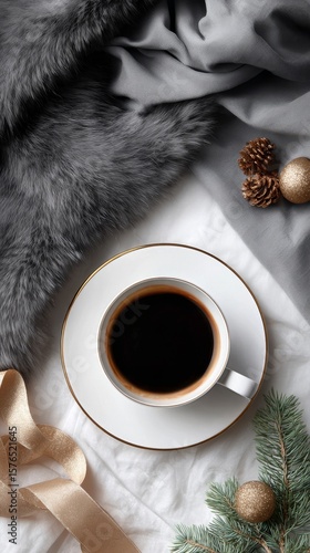 Elegant Coffee Setup With Blank Card and Decorative Elements on White Table
