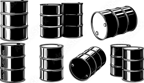 set of metal oil barrel silhouette, black and white silhouette, vector and illustration
