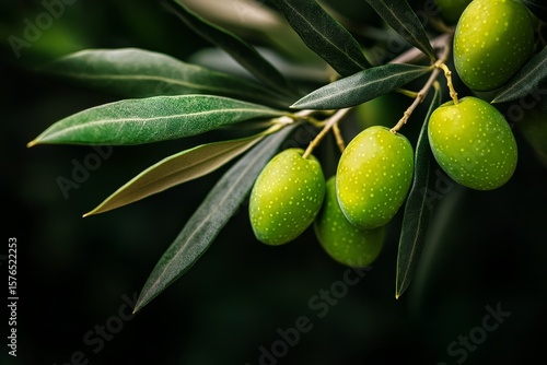 Green Olives Hanging From Branches in a Sunlight-Filled Garden