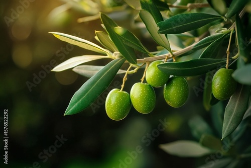 Fresh Green Olives Growing on a Branch in Sunlight During Late Afternoon in a...