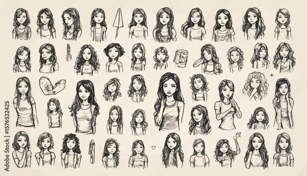 Naklejka premium Stylized Women Faces and Hairstyles — Black and White Vector Silhouettes for Fashion and Editorial Concepts