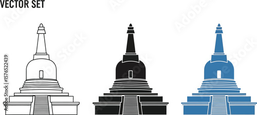 Three stupa illustrations in line art black and blue on a white background