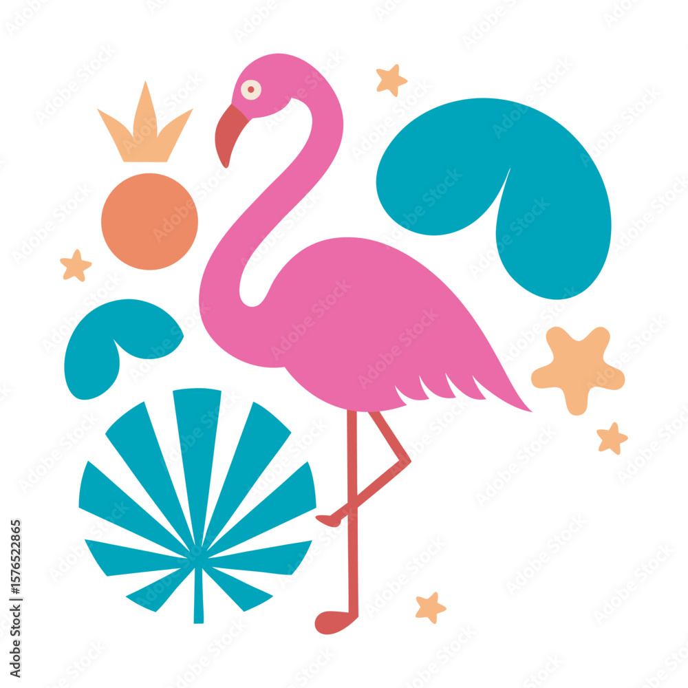 Fototapeta premium Flamingo Surrounded By Beach Icons