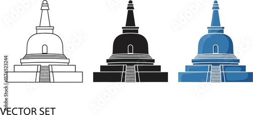 Illustration of stupa in line art solid fill and blue color on a white background