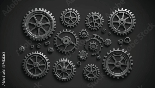 Mechanical gear and cog silhouettes in grid format for industrial design, engineering tools, and technical illustration themes