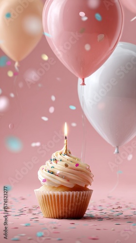 Colorful Birthday Cupcake With Candle and Balloons Celebrates a Joyful Occasion