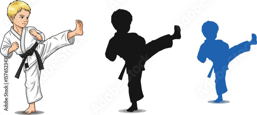 Illustration of a boy in karate stance with color and silhouette variations