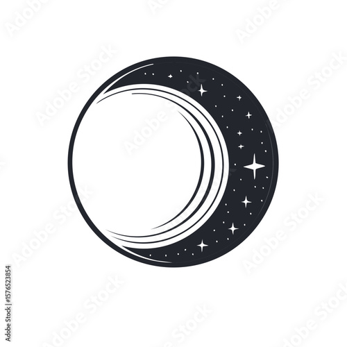 Stylized crescent moon encircled by cosmic stars and celestial bodies in a night sky concept, illustration design
