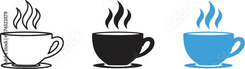 Three cups of hot beverage with steam in different styles on a white background