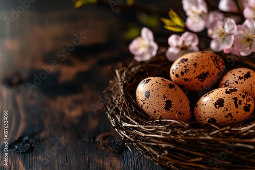 Nest With Speckled Eggs and Spring Flowers on Wooden Surface