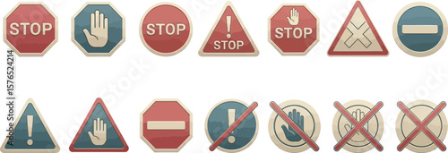 A collection of various warning and regulatory signs displayed on a white background