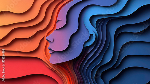 Layered paper art of a face profile with orange and blue color gradients on either side design art