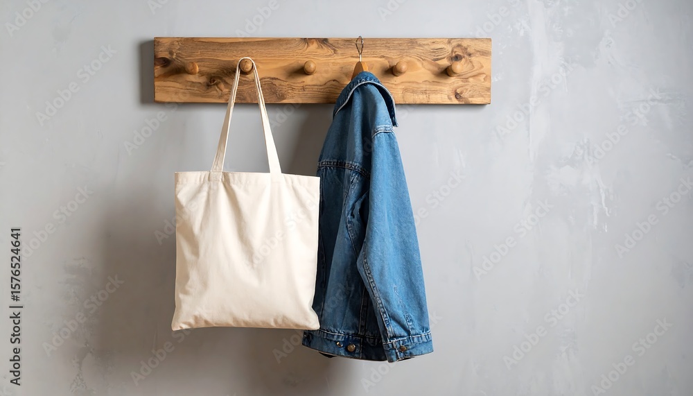 Fototapeta premium Wooden wall hook with tote bag and jacket