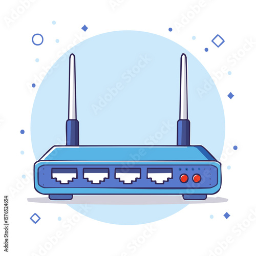 Stylish blue wireless router on light blue backdrop with antennas and connection ports for internet services and technology usage