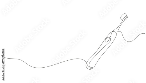 Minimalist one line drawing of an electric toothbrush. Single continuous line art for dental care, personal hygiene, bathroom icon. Editable outline vector illustration.