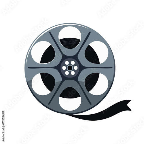 Illustrated film reel with black ribbon, representing cinema, entertainment, and vintage film technology.