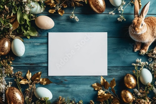 Cute Rabbit With Colorful Eggs on a Wooden Table Ready for a Spring Celebration