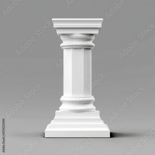 A grey background features a white antic column symbolizing an empty podium