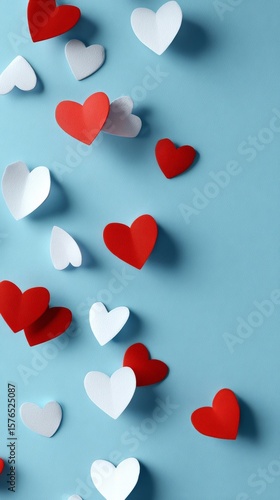 Colorful Paper Hearts Scattered on a Blue Background for Celebrations and Events