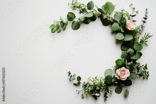 Elegant Floral Arrangement With Greenery and Delicate Roses on a Neutral Back...
