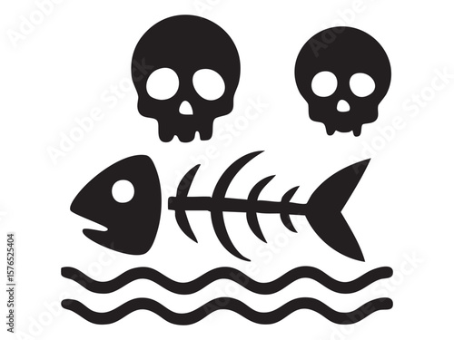 Black silhouette of environmental pollution icon with skulls and fish bones isolated on white background. concept of pollution, toxicity, danger, environmental hazard, graphic element
