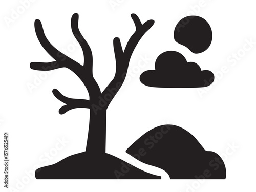Black silhouette of barren tree and clouds on white background, graphic illustration. concept of environmental pollution, nature degradation, ecology, design element, icon, logo