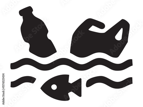 Black silhouette of environmental pollution icon with hand, bottle, and fish over wavy water lines, isolated on white background. concept of waste, contamination, marine life, ecology, conservation.