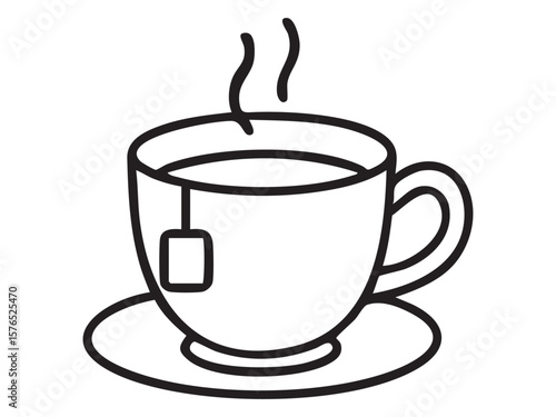 Black outline of steaming teacup with saucer and teabag isolated on white background, graphic illustration. concept of icon, logo, hot beverage, tea time, cafe decor, design element