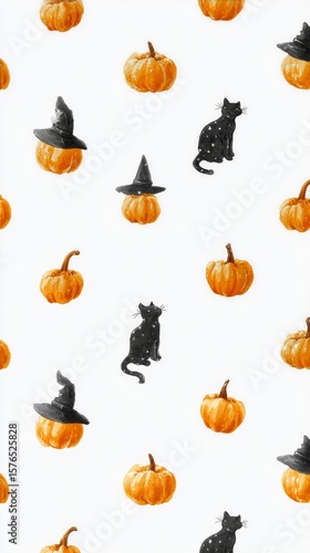 Colorful Halloween Pattern With Black Cats and Pumpkins for Festive Decorations