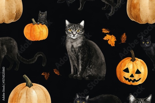 Black Cats and Pumpkins Create a Festive Autumn Atmosphere for Halloween Deco...
