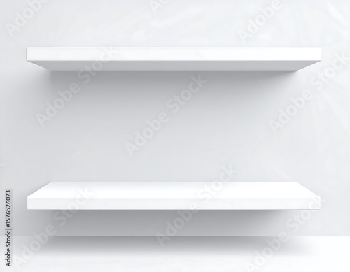 Empty white shelves against a light background