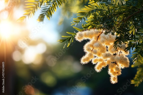 Beautiful Golden Sunlight Illuminating Fluffy White Flowers on Green Branches...