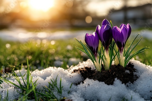 Spring Crocuses Bloom Through Melted Snow at Sunset in a Tranquil Garden