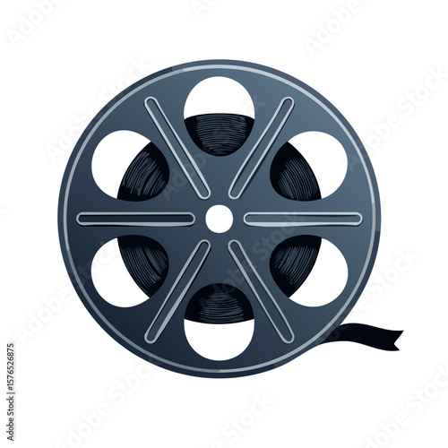 Movie film reel on a roll with a ribbon. Video film reel for cinematic movie production in an artistic illustration.
