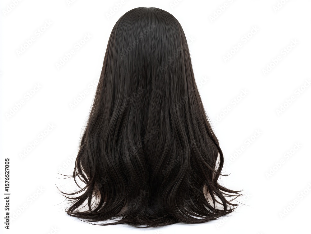 Fototapeta premium On a white background, a black hair wig showcases a fresh and modern male haircut style