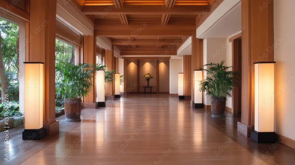 Fototapeta premium Elegant wooden hallway with floor lamps and plants