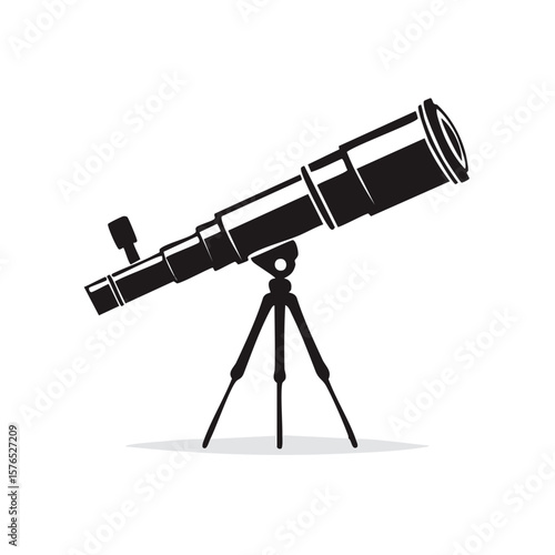 Telescope icon, astronomy instrument for exploring space, black and white vector illustration of a stargazing tool on tripod.