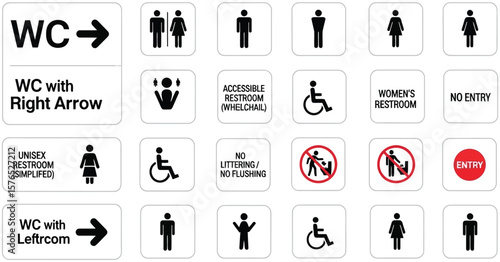 Assorted restroom and access signs displayed on a light blue background wall