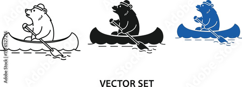 Three illustrations of a bear wearing a hat paddling a canoe in different colors