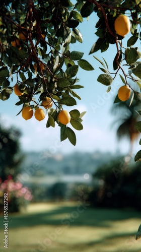 Bright Yellow Lemons Hanging on Lush Green Tree Branches Under a Clear Blue Sky