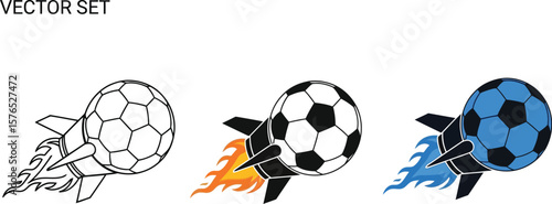 Three soccer balls attached to rockets with flames in different color schemes